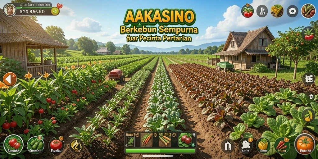 Tampilan gameplay AAKASINO menunjukkan kebun yang subur dan aktivitas bertani.