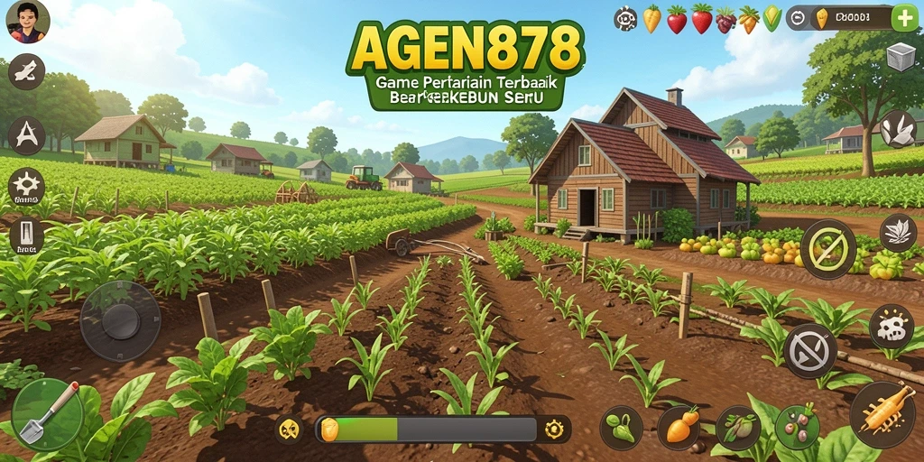 Screenshot AGEN878 menampilkan petani yang merawat ladang penuh tanaman hijau.