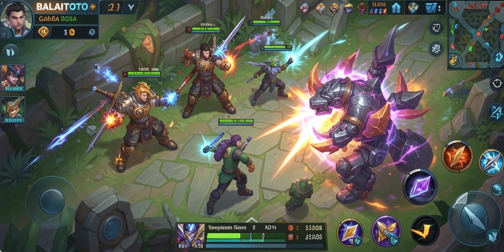 Screenshot utama BALAITOTO menampilkan pertarungan hero dalam arena MOBA.