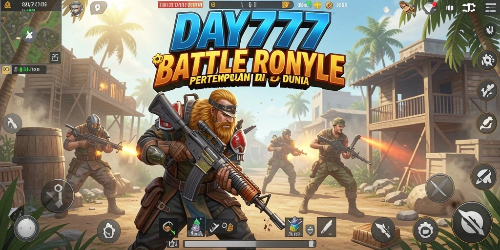 Tangkapan layar utama DAY777 yang menunjukkan intensitas pertempuran Battle Royale.