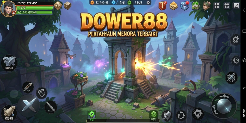 Tampilan gameplay mendebarkan dari DOWER88 yang menampilkan menara dan musuh.