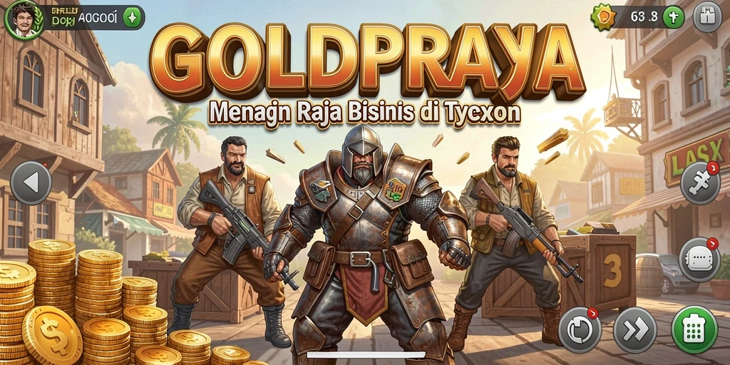 Tampilan gameplay GOLDRAJA dengan berbagai jenis bisnis yang dikelola.