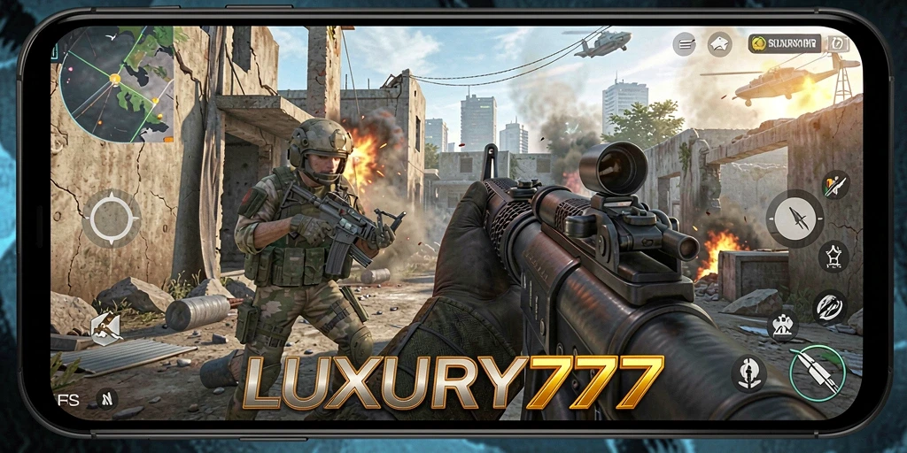 Tampilan gameplay seru dari LUXURY777 dalam pertempuran FPS.