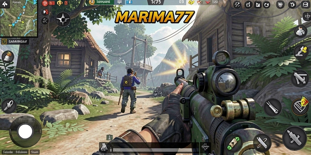 Screenshot utama MARIMA77 dengan aksi pertempuran yang mendebarkan.