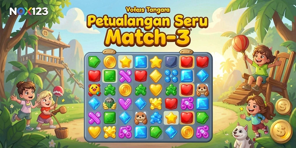 Tampilan gameplay seru dalam NOX123 dengan elemen Match-3 yang menarik.