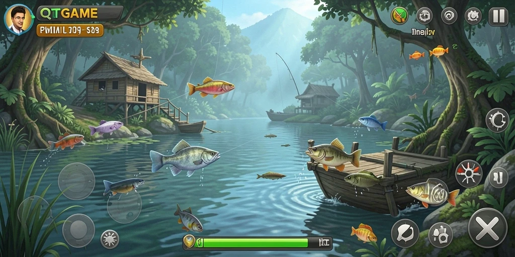 Gameplay QTGAME yang menampilkan aksi memancing seru.