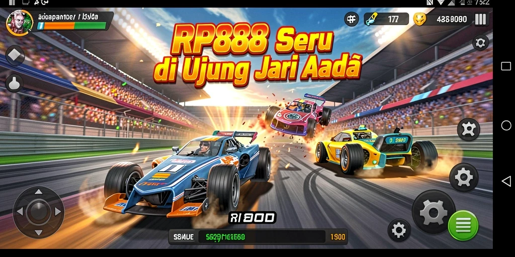 Gameplay RP888 yang mendebarkan dengan mobil balap yang cepat.