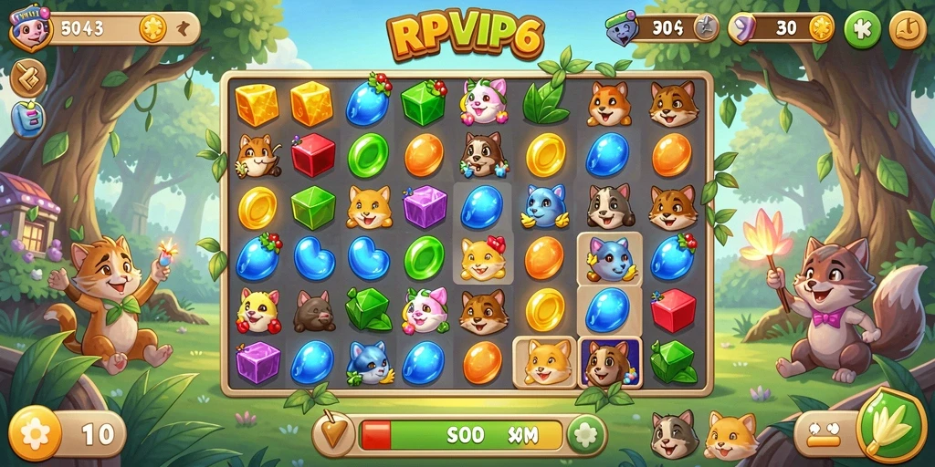 Screenshot gameplay RPVIP6 menampilkan kombinasi objek berwarna dalam tantangan Match-3.